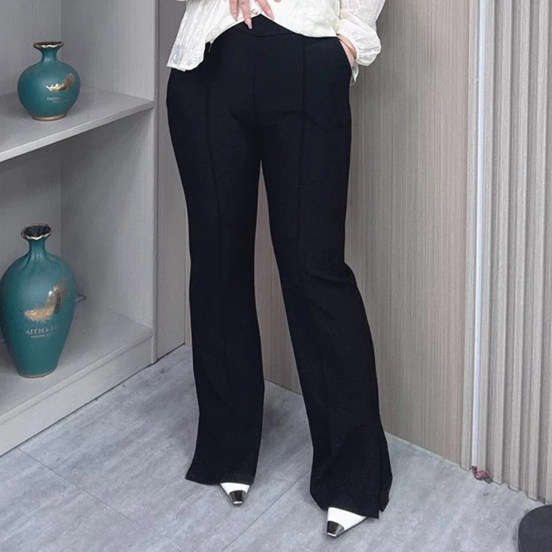 Plus Size Women's Black Flared Trousers With Slit Hem High Waist Casual Slim Draped Pants For Pear-Shaped Body Spring/Fall Chic