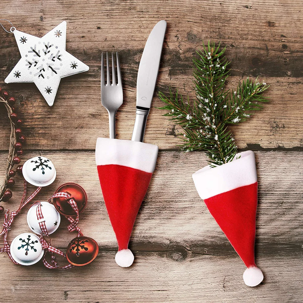 Mini Santa Hats Fork Knife Tableware Silverware Holder Christmas Beanie Hat Christmas Hat Holder 10/15/20pcs