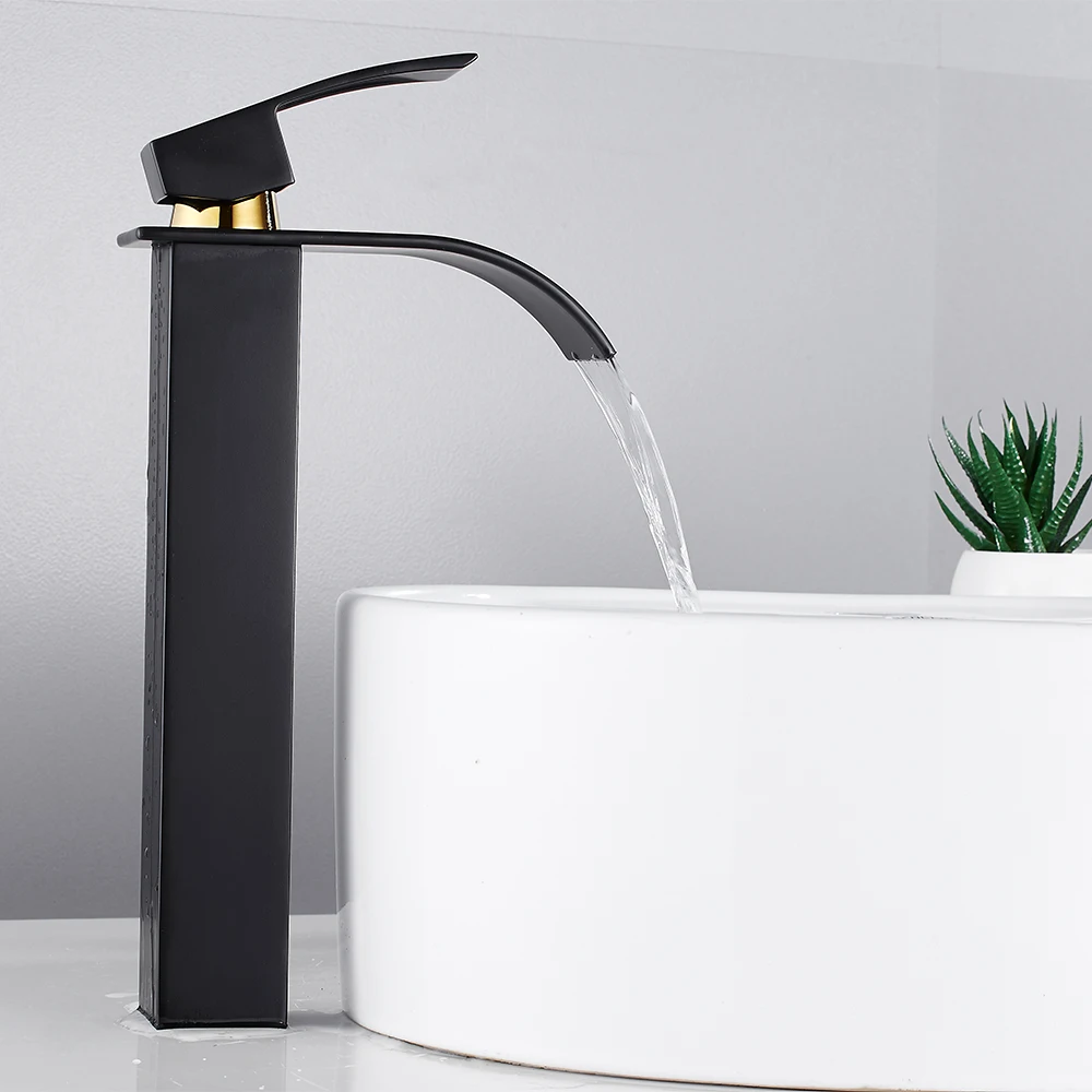 

Single Handle Bathroom Basin Faucets Black Waterfall Basin Sink Faucet Hot Cold Mixer Tap Single Hole Wide Spout Vessel Sink Tap