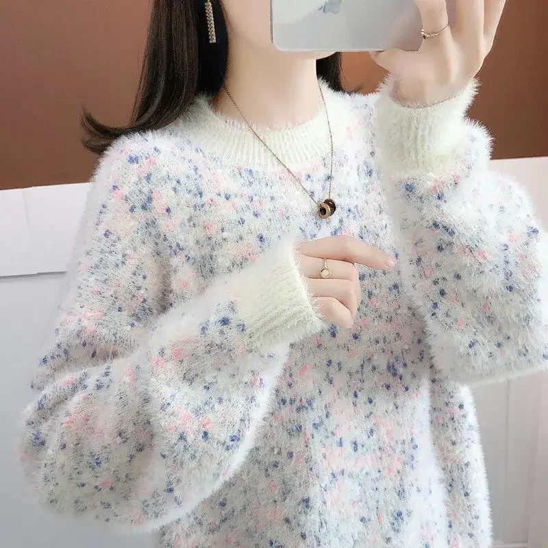 

2023 New Furry Imitation Mink Sweater White Women's Pullover Autumn Winter Soft Sweaters Long-sleeved Tops Fashion Streetwear