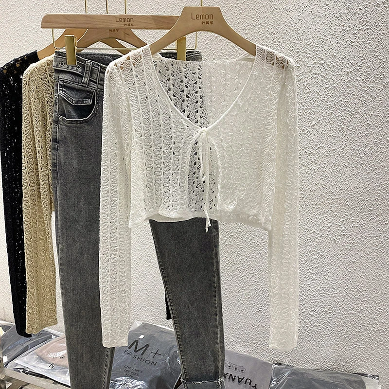 Women Hollow Out Cardigan 2023 New Summer Korean Version Long Sleeved Sense Of Design Appear Thin External Top