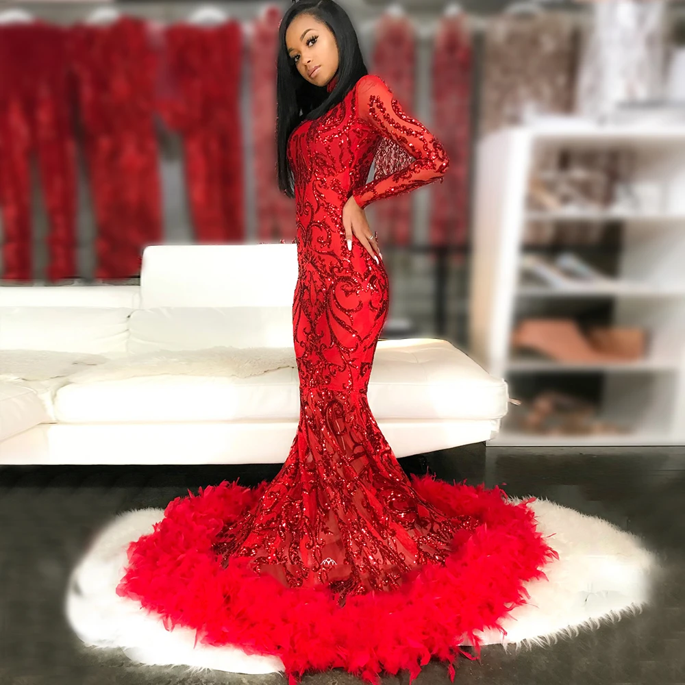 mermaid prom dresses Vintage Red Prom Dresses For Woman Long Sleeves African Pageant Evening Gown Scoop Neck With Feather Custom Mermaid Party 2022 ball gown prom dresses