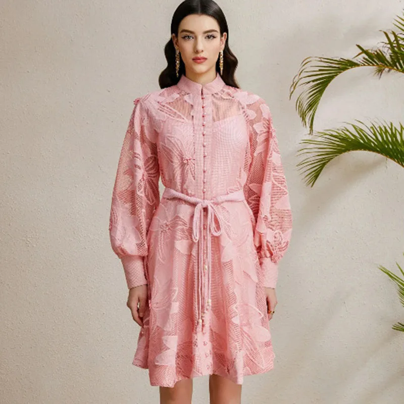 Elegante mini abito monopetto con cintura Donna 2025 Nuova primavera Lanterna di lusso Manica lunga Abiti ricamati Abiti bianchi - Image 3