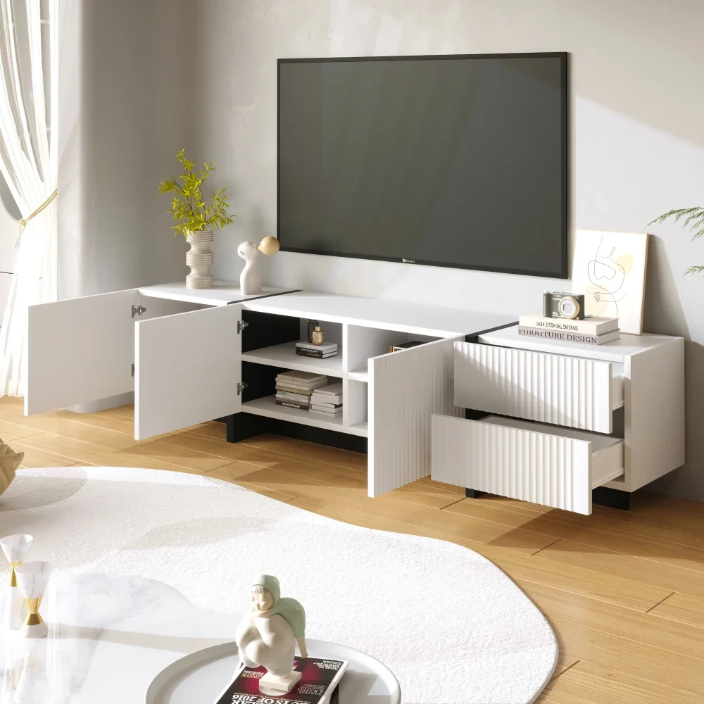 190 cm TV-Schrank mit 3 Türen und Schubladen – Weiß mit goldenen Akzenten und Holzschnitzereien, Lowboard für die Medienaufbewahrung im Wohnzimmer – Detail 25