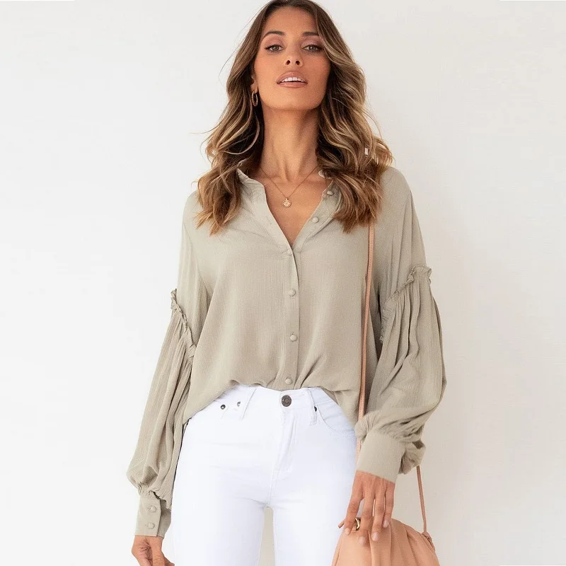 

Sexy Button Up Shirt Women Ruffle Long Sleeve Loose Casual Blouse Spring Office Lady Elegant Solid Blusas Y2K Streetwear Top