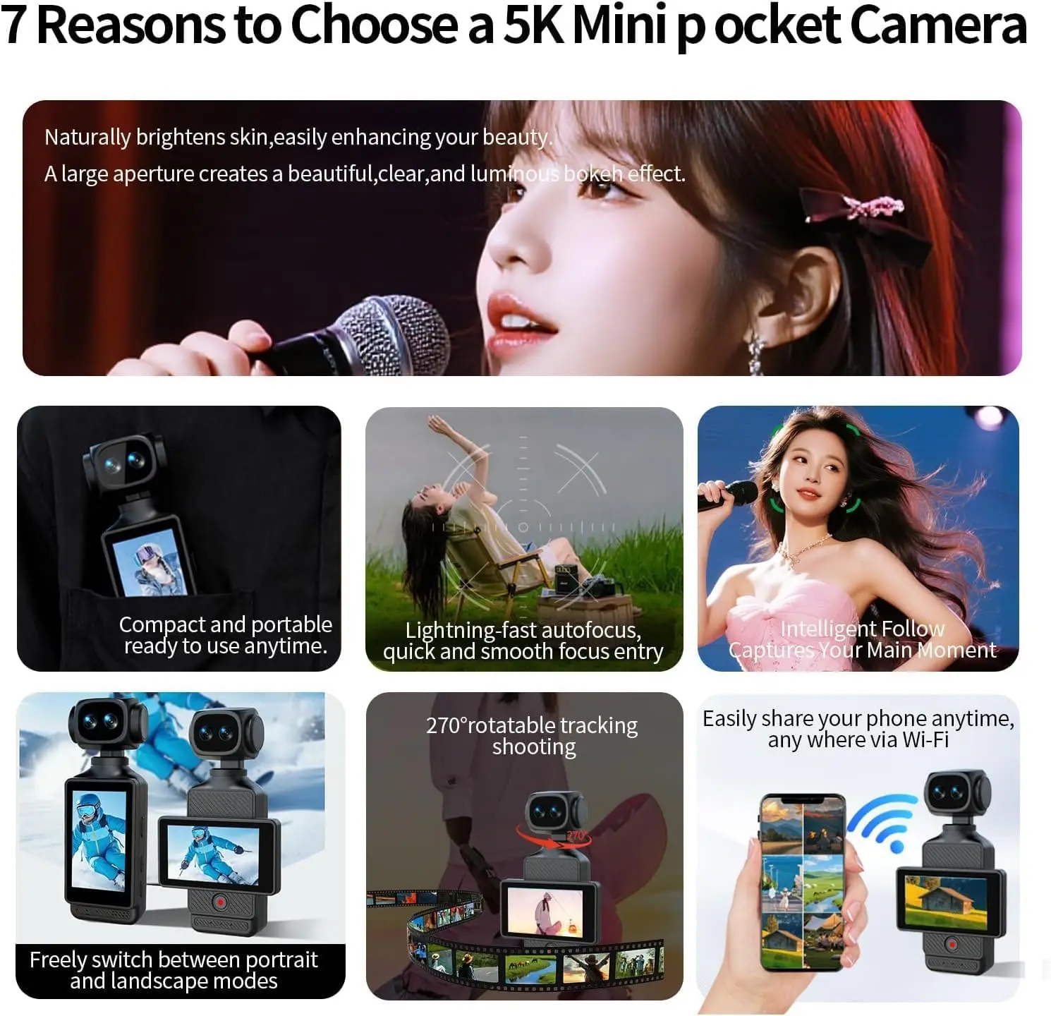5K HD 휴대용 비디오 카메라 포켓캠 270 ° 회전 렌즈 스포츠 카메라 야외 여행 사이클링 하이킹 브이로그 레코더