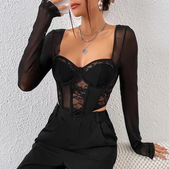 Chic Sexy​ V Neck Long Sleeve Mesh Crop Top, Women Black Backless Lace Embroidery Hollow Out Slim Comfortable Casual Wear Blouse 1