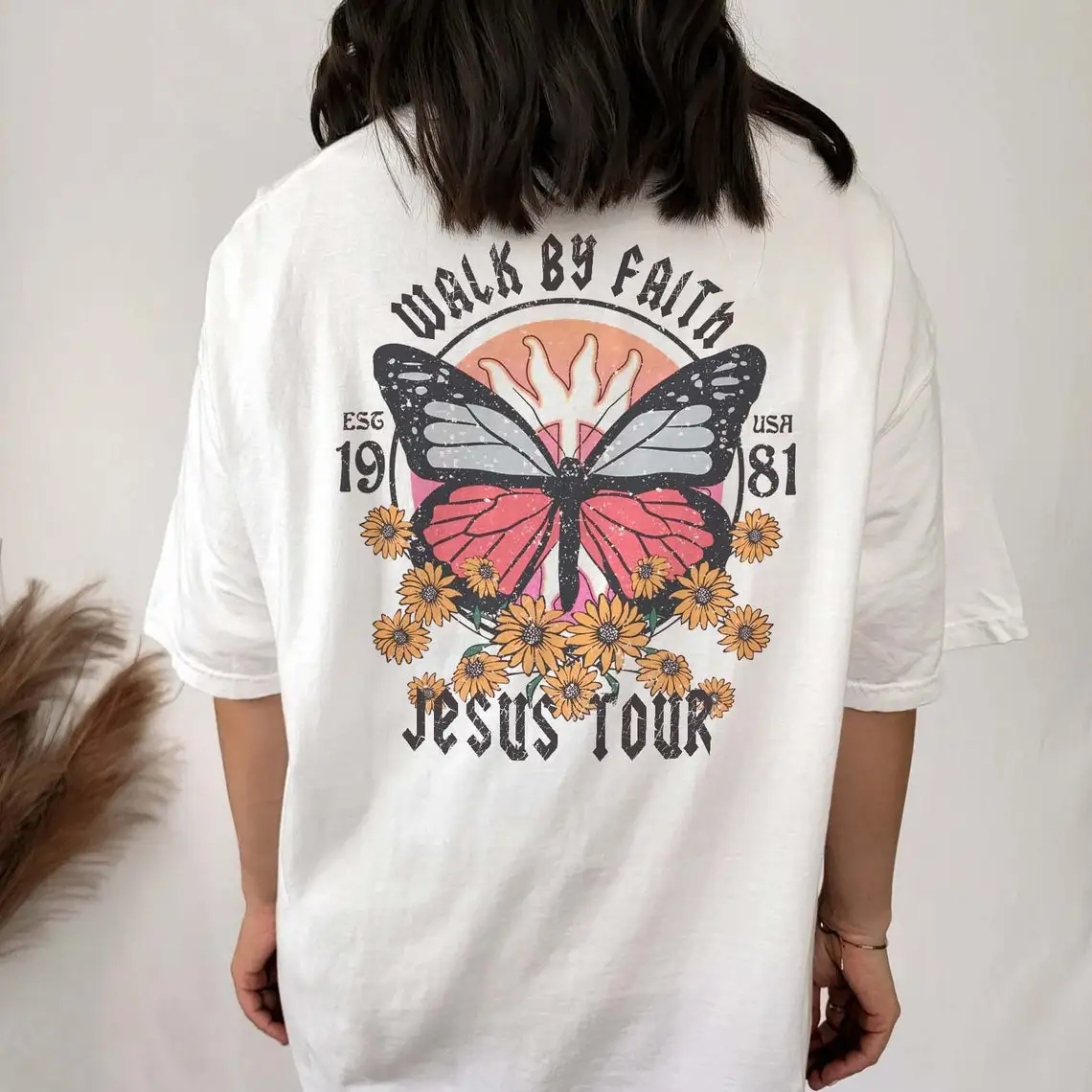 

kuakuayu HJN Colored Butterfly Walk by Faith Graphic Tshirt Summer Fashion Vintage Women Jesus Christian Bible Tee Shirt Grunge