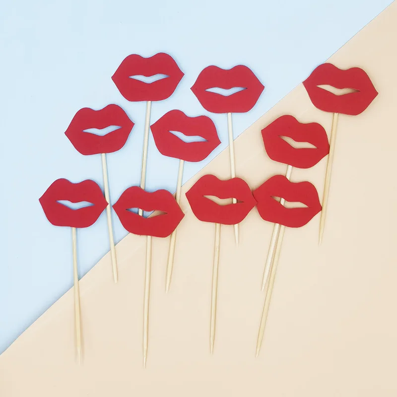 

10pcs Personality The Red Lips Cake Topper Girl Gender Reveal Toppers for Cupcakes Lip Print Cake Decorating Supplies