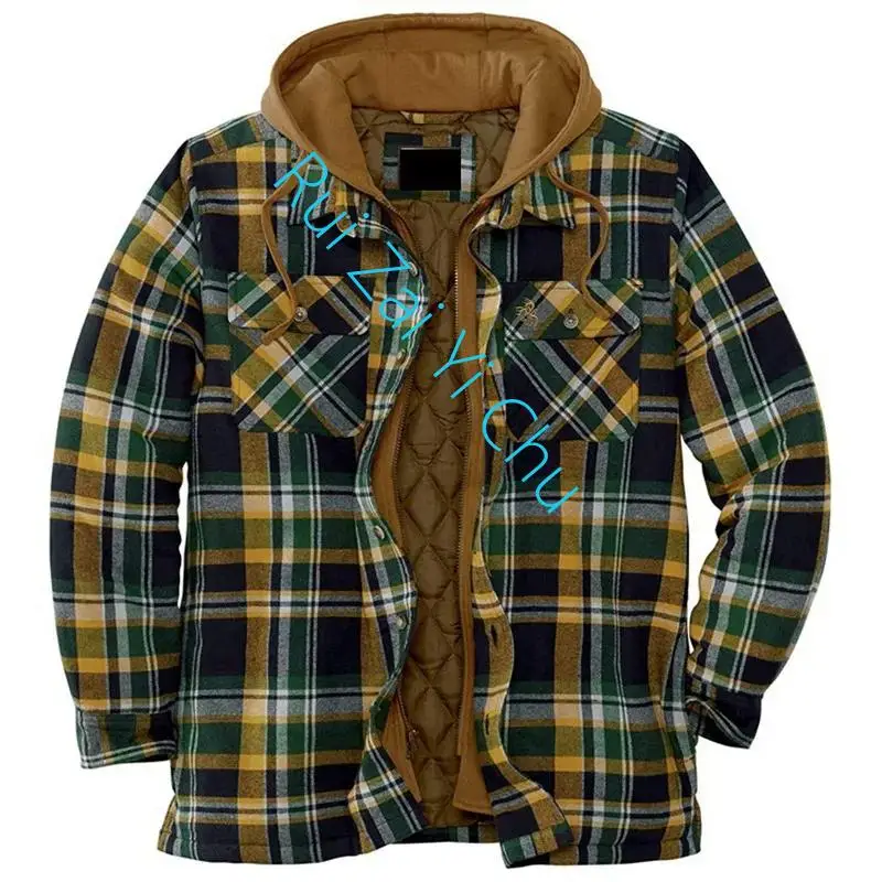 2024 Winter Hooded Coats Mens Fleece Lined Flannel Plaid Shirts Jacket Button Down Sherpa Jackets with Hood Long Sleeve