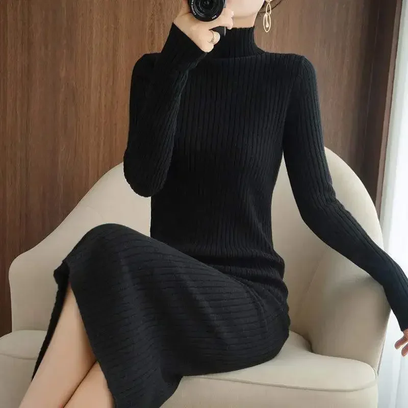 

Crochet Cover Up Clothing Black Knee Length Female Dress Knit Midi Brown Turtleneck Women's Dresses Beach Retro Harajuku Outfits