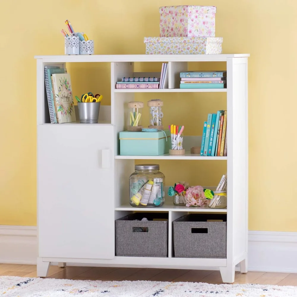 Kids' Media System-: 43 Inch Wooden Cubby Storage Organizer Bookcase with Fabric Bins for Bedroom and Playroom