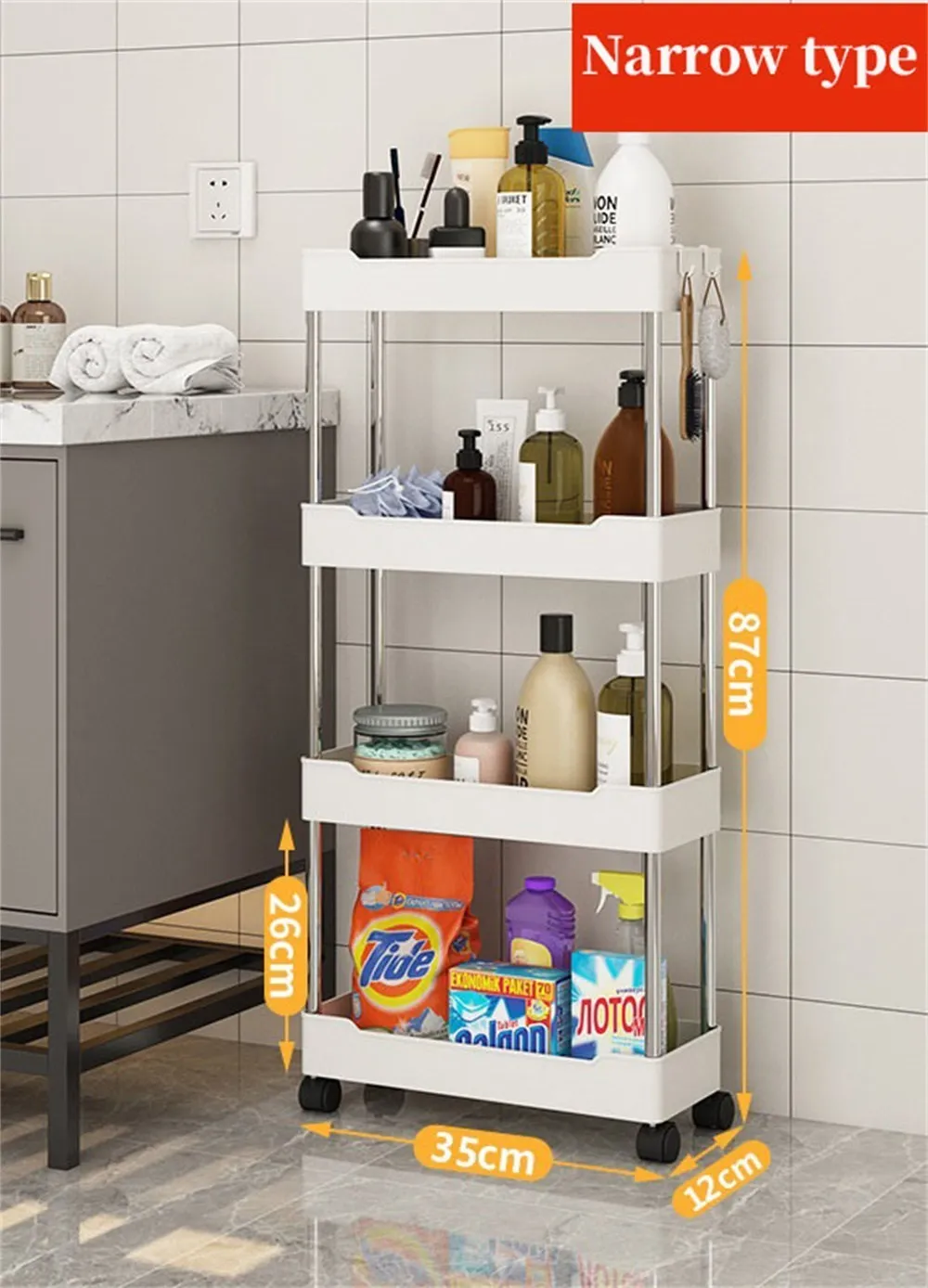 LEHOM Slim Rolling Storage Cart - 4 Tiers Bathroom Organizer Utility Cart Slide Out Storage Shelves Mobile Shelving Unit For Kitchen, Bedroom, Office