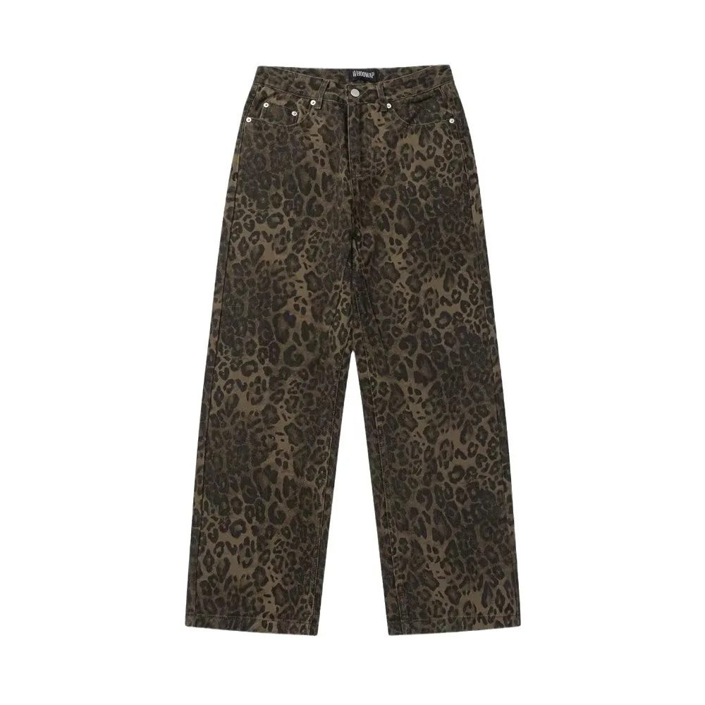 New Original American Retro Leopard Pattern Jeans Straight fit Loose Men's and Women's Autumn/Winter Trendy Casual Pants