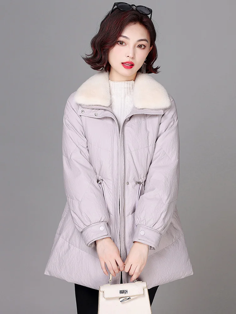 New Women Sheep Leather Down Coat Winter Casual Fashion Thicken Mink Fur Collar Drawstring Loose Medium Leather Down Jacket