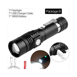 Ultra Bright USB Rechargeable LED Flashlight with Power Tips (U518 with battery)
