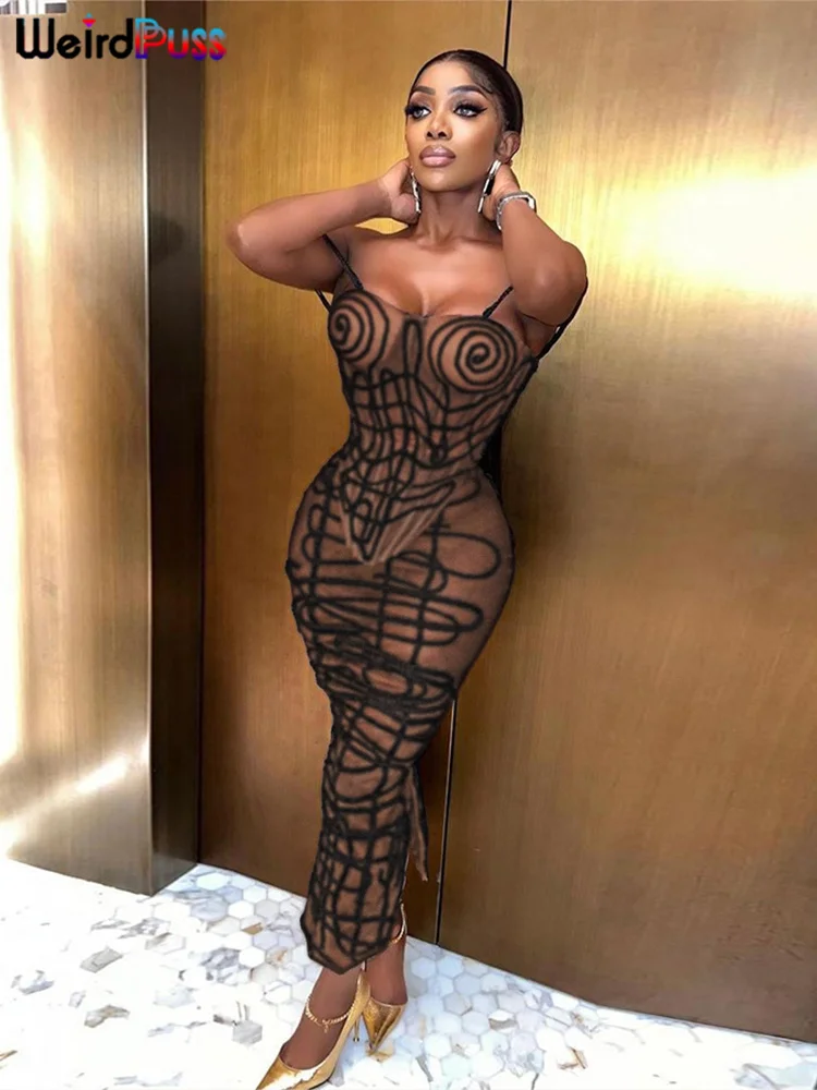 Weird Puss Stripe Print Sexy 2 Piece Set Women See Through Coquette Camisole+Long Skirts Midnight Clubwear Party Matching Suits