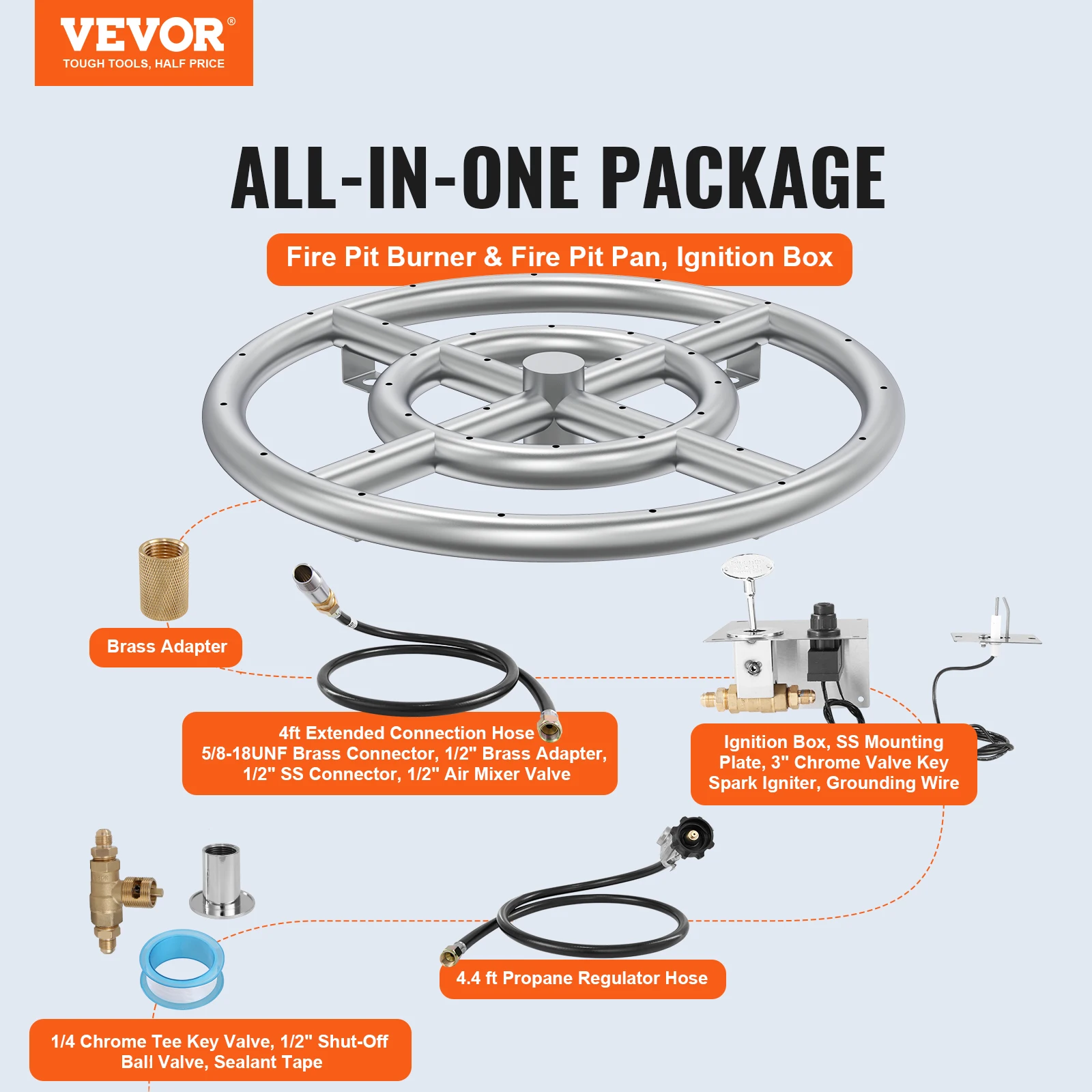 VEVOR 12 inch Round Drop-in Fire Pit Pan Stainless Steel Fire Pit Burner Kit Natural & Propane Gas Pan with 92000 BTU