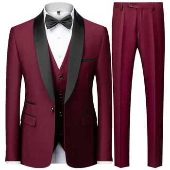 Black Men Autumn Wedding Party Three Pieces Set Large Size Male Blazer Coat Pants and Vest Fashion Slim Fit Suit 6