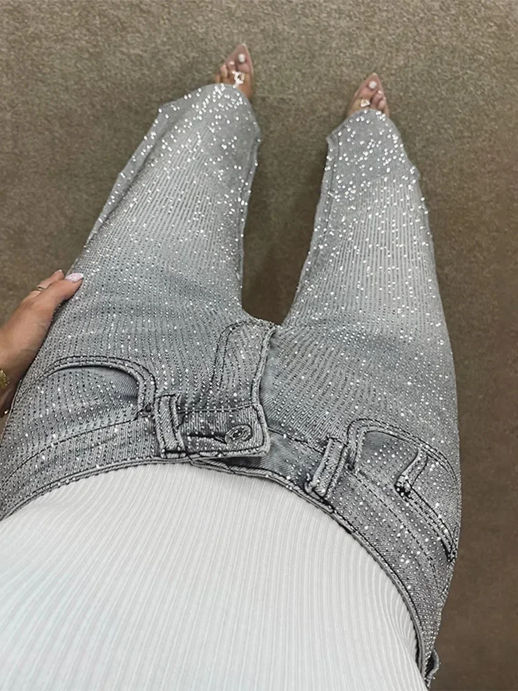 Y2k Women Shiny Rhinestone Denim Pants Wide Leg Straight Full Diamond Jeans for Female Dragging High Street Outwear Trousers 4
