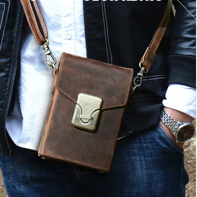 British Style Crazy Horse Genuine Leather Handbags Fashion Trend Lock Single Shoulder Slant Cross Casual Men's Phone Bag Female
