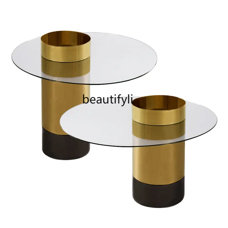

Nordic Modern Simple Stainless Steel Coffee Table Model Room round Tea Table Light Luxury Living Room Glass Coffee Table