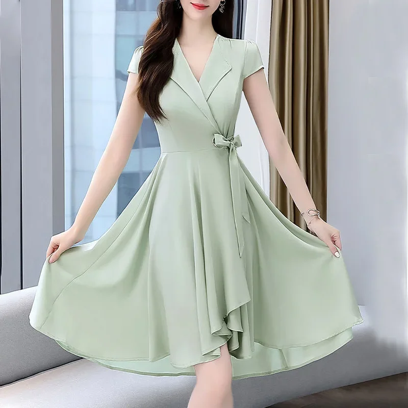 

Elegant Fashion V-neck Solid Color Short Sleeve Chiffon Empire Dresses Bow Belt A-LINE Skirt Summer New Women's Clothing L148