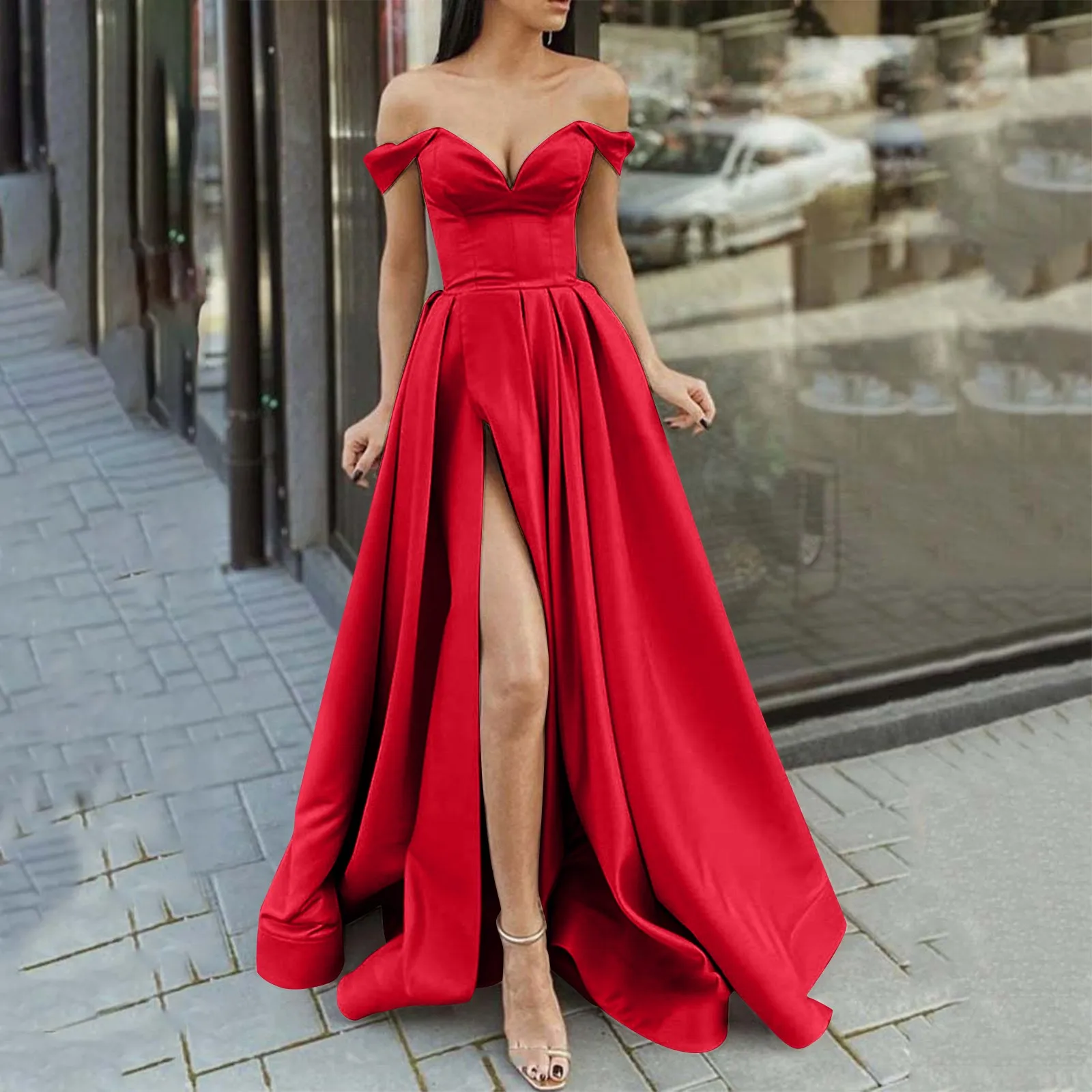 Galajurken dames lange dames elegante halter rugvrije lange jurken Crisn satijnen spaghettifeest baljurk zijsplit bruiloft avondjurk met zakken jonge dames jurken voor feest, Rood, S