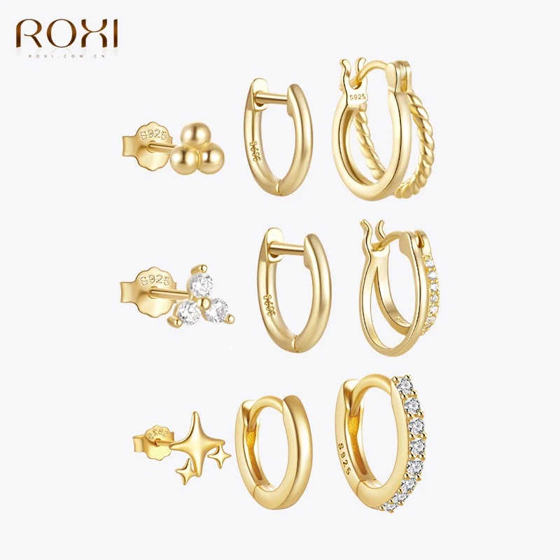 ROXI Geometric Piercing Stud Earrings Set For Women 925 Sterling Silver Round Cartilage Jewelry 3pcs silver earrings silver stud earrings womens earrings
