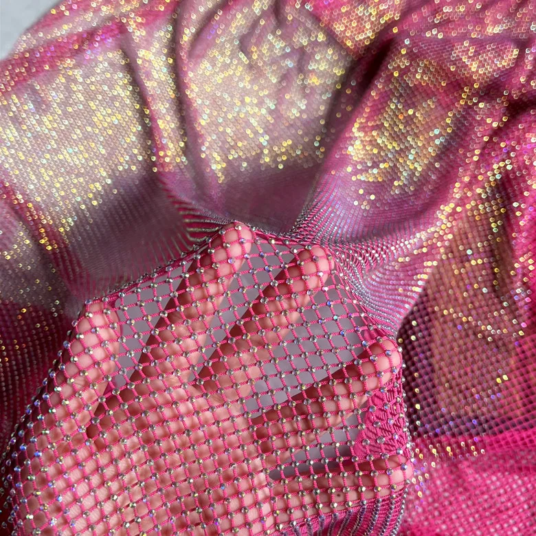 Luxurious High Gloss Elastic Diamond Mesh Fabric with Satin Belt Trim for DIY High-End Dressmaking