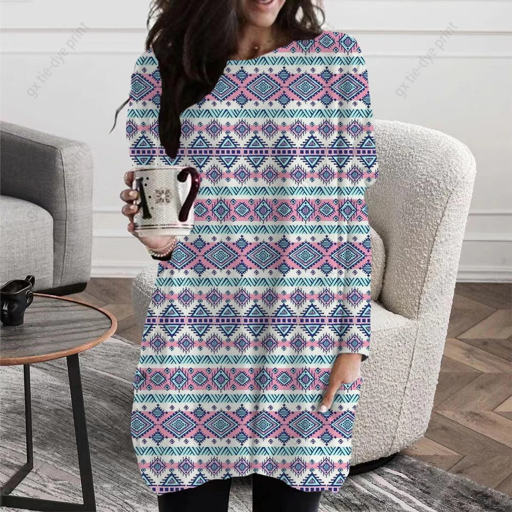 

Bohemian print Vintage Pocket Oversized T-shirt Female Clothing Fashion Autumn Tunics Basic Y2k Top Women 2023 Long Sleeve Tee
