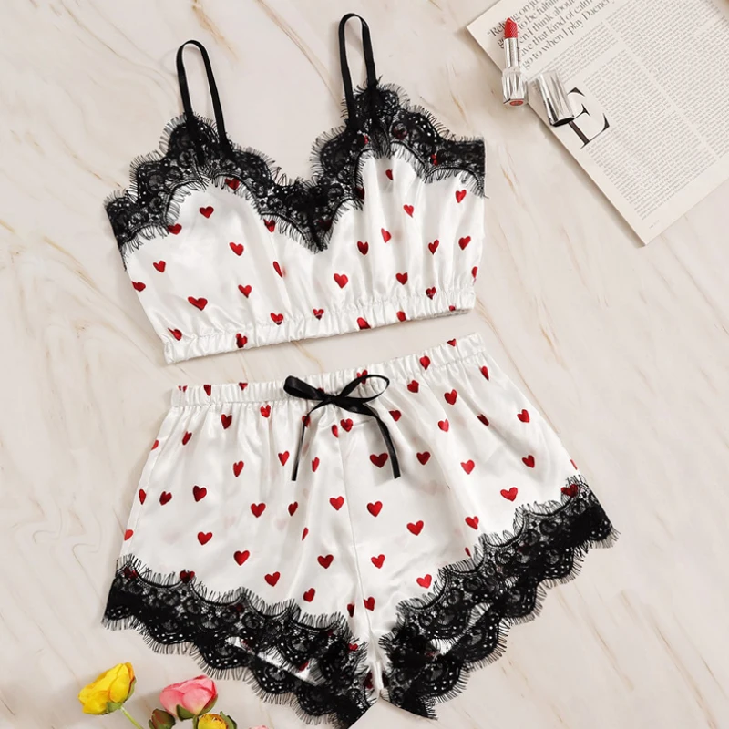 

1 Set Sexy Lace Pyjamas for Women V-Neck Pyjama Femme Summer Sleepwear Satin Nightwear Lingerie Underwear Femme Pajamas Sets