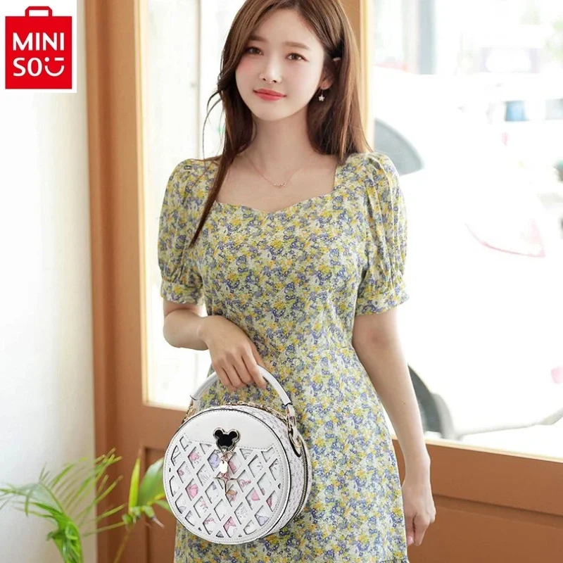 MINISO Disney Mickey Fashion Small Round Bag Women's High Quality PU Multi functional Storage Crossbody Bag