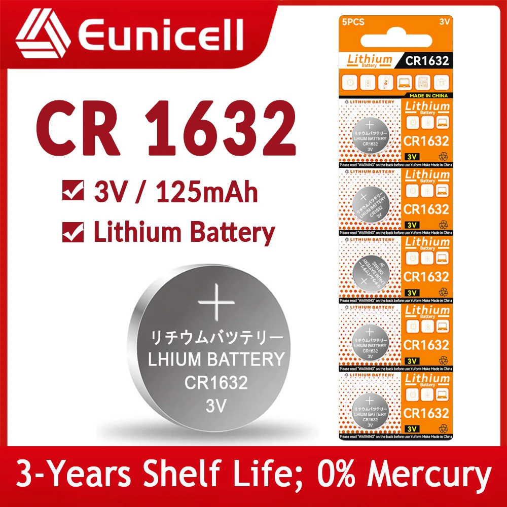 

Eunicell 3V 125mAh CR1632 Coin Cells Batteries CR 1632 DL1632 BR1632 LM1632 ECR1632 Lithium Button Battery For Watch Remote Key