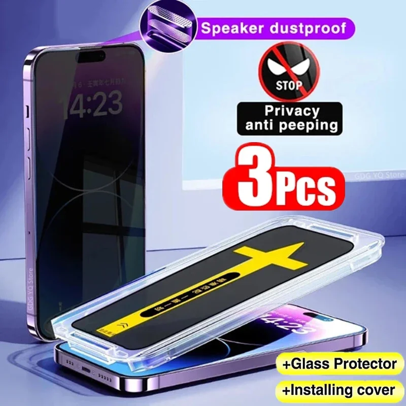 Verre anti-espion haut de gamme pour iPhone, protection d'écran de confidentialité, installation facile, 15, 13, 12, 11, 14 Pro Max, Mini Poly XS, 14, 15 Plus, 3 pièces 1