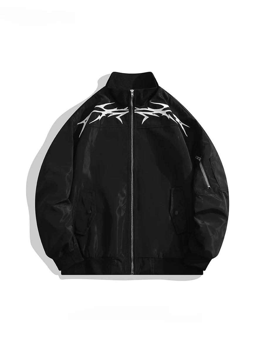

Men's Stand Collar Embroidery Bomber Jacket Trendy High Street American Hip Hop Handsome Sports Racing Functional Zipper Coats