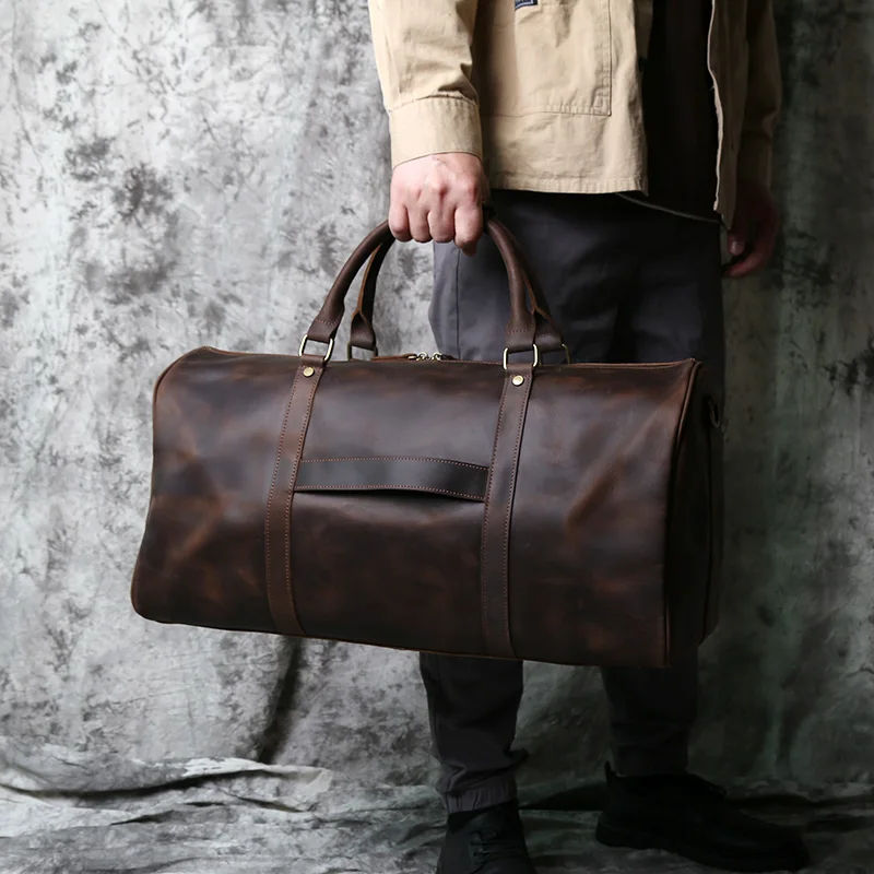 Nzpj men s retro leather large capacity travel bag crazy horse leather handbag top layer cowhide