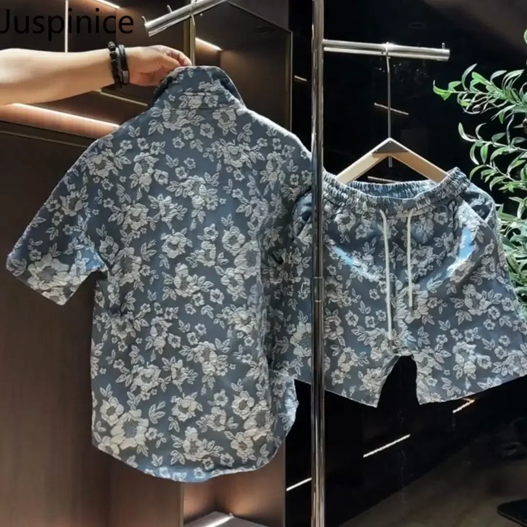 Summer Printed Short-sleeved Shirt Shorts Suit Men's Handsome Loose Casual High Street Personalized Tops Pants Male Clothes 5