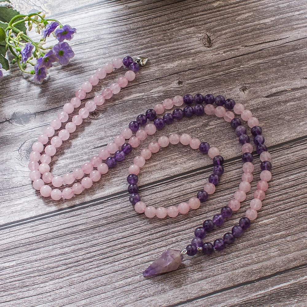 8mm Amethyst Rose Quartz Beads 108 Mala Necklace Meditation Yoga Prayer Jewelry Japamala Set with Pendant for Women