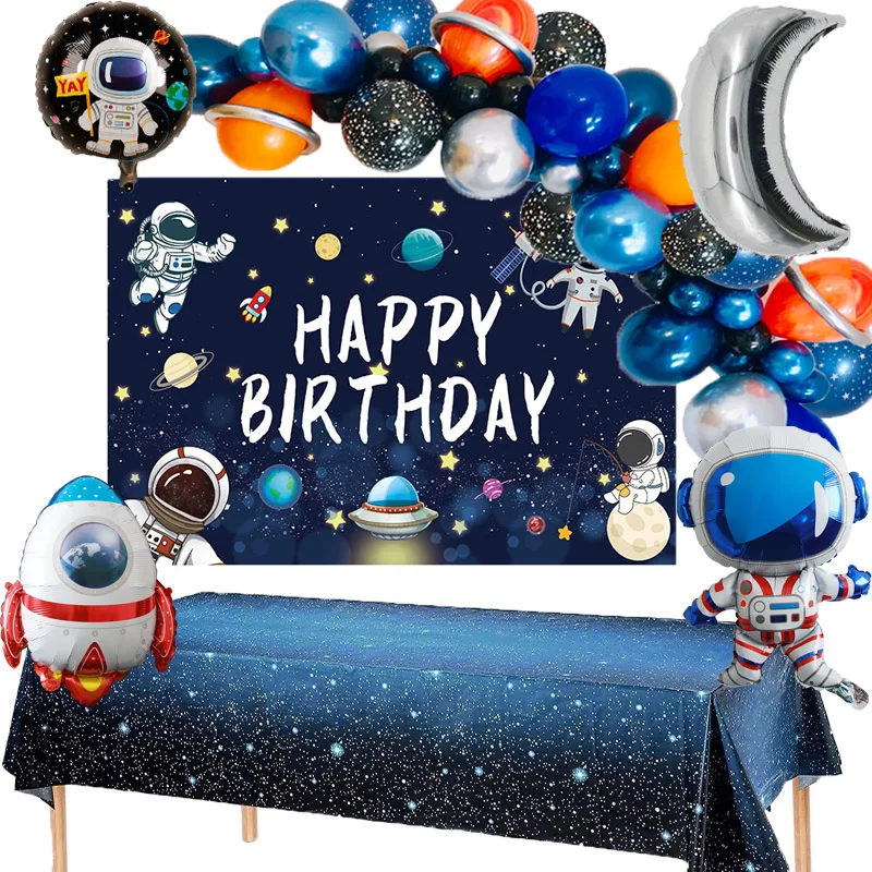 

1set Outer Space Balloons Planets Rocket Astronaut Foil Ball Cloth Backdrop Boy Space Themed Birthday Party Baby Showe Supplies