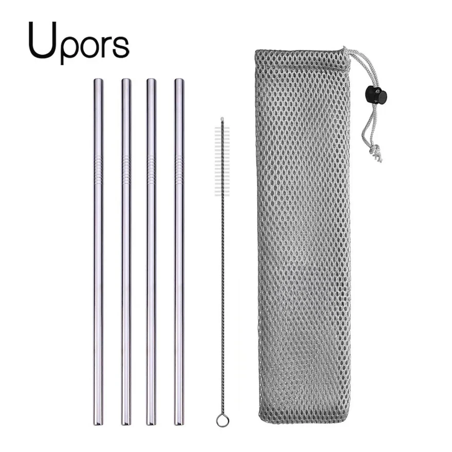 UPORS Reusable Metal Drinking Straws Set with Cleaning Brush and Pouch