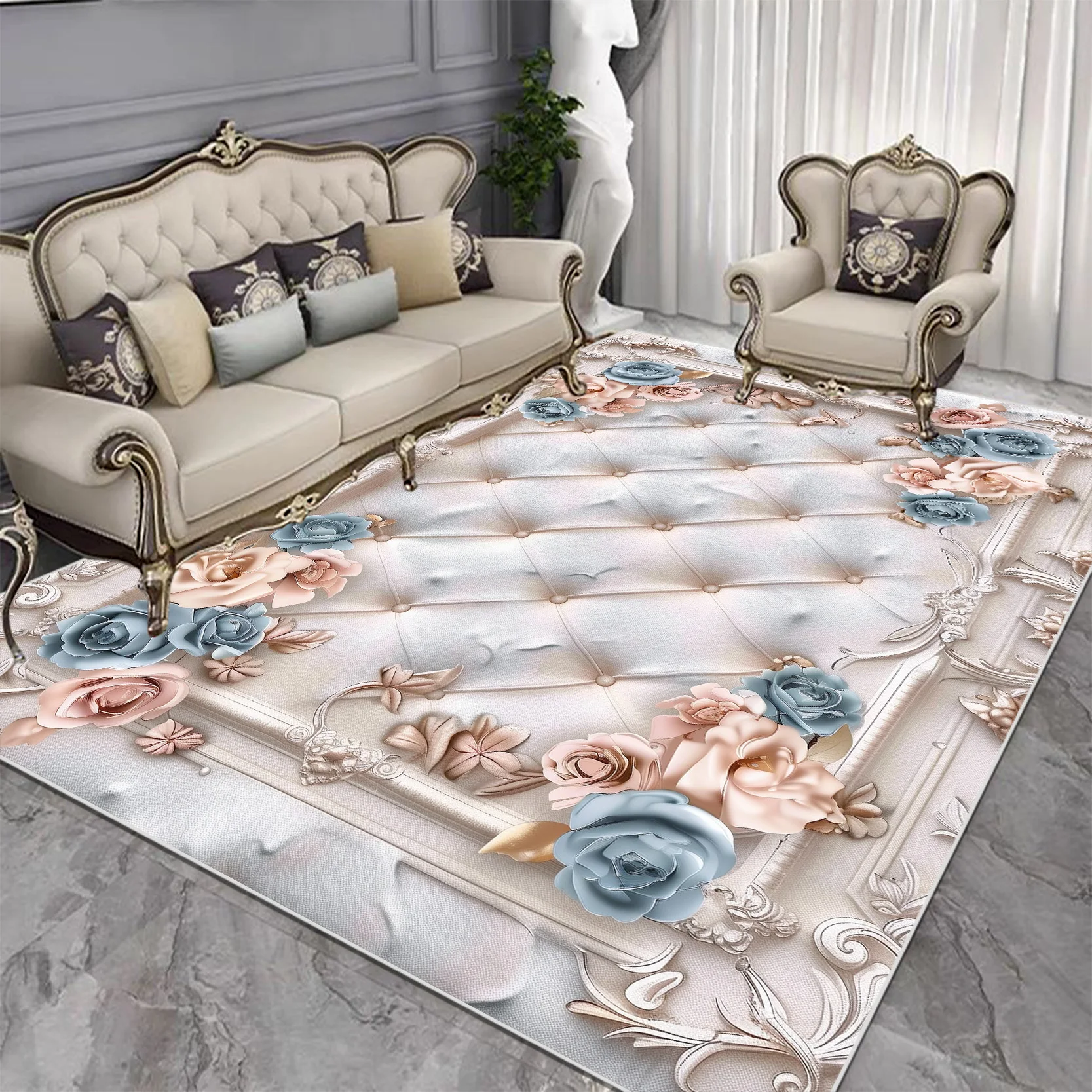 European Light Luxury Carpet Living Room Large Size Flower Pattern Home Bedroom Decor Rugs Washable Lounge Non-slip Floor Mats 4