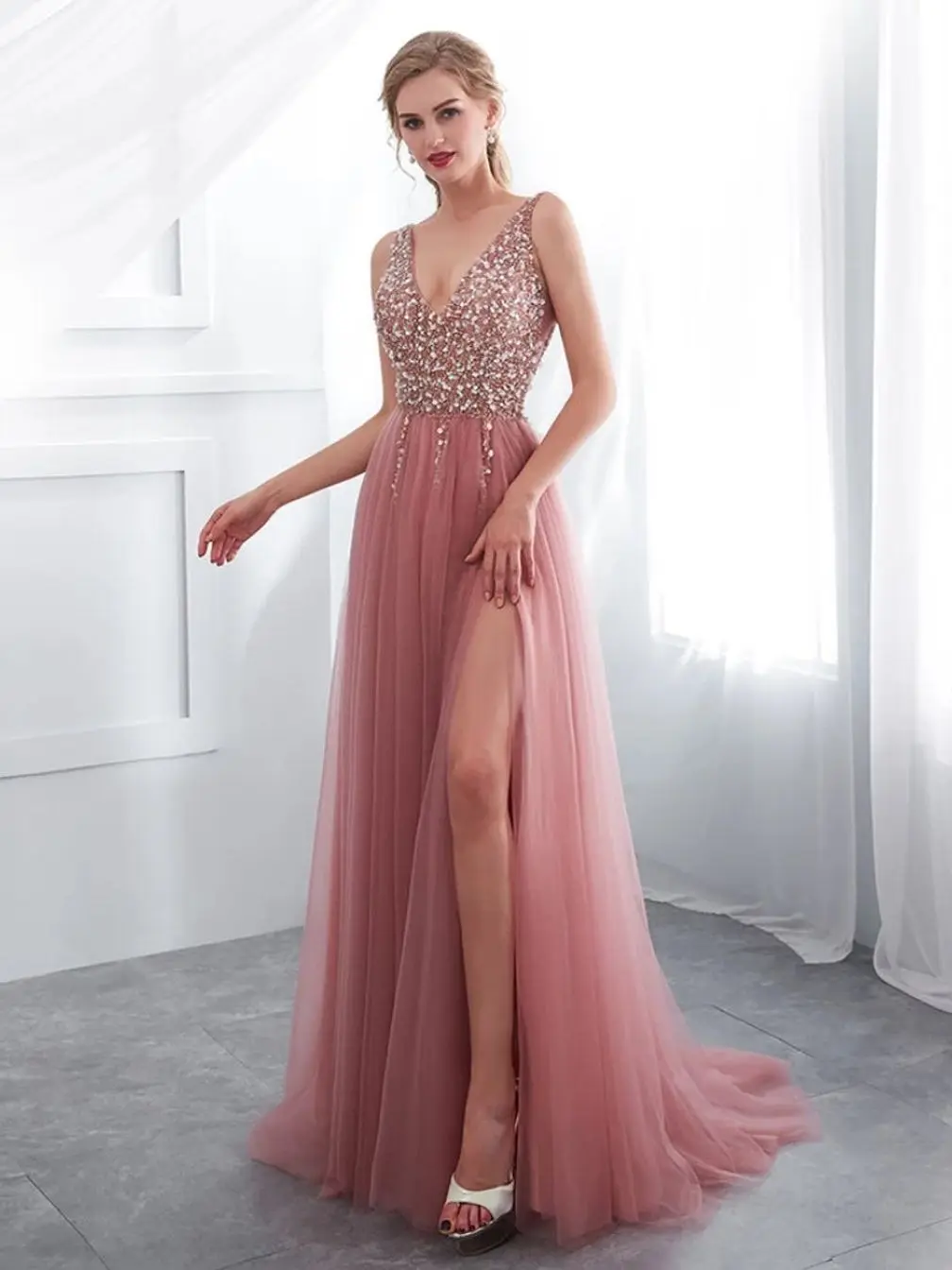 

Off the Shoulder Pink Blue Formal Evening Gowns with Beading Side Slit robe de soiree de mariage Elegant V Neck Prom Dresses