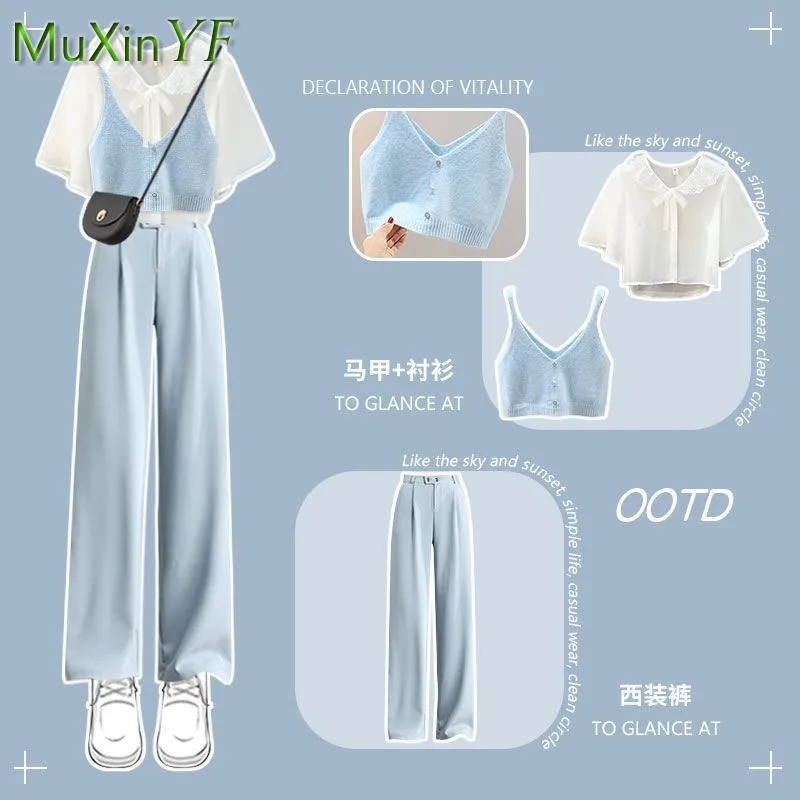 

Women's Summer Pendant Suit 2023 New Chic Short Sleeve Sling Pants Three Piece Korean Elegant Blouse Suit Trouser Matching Set