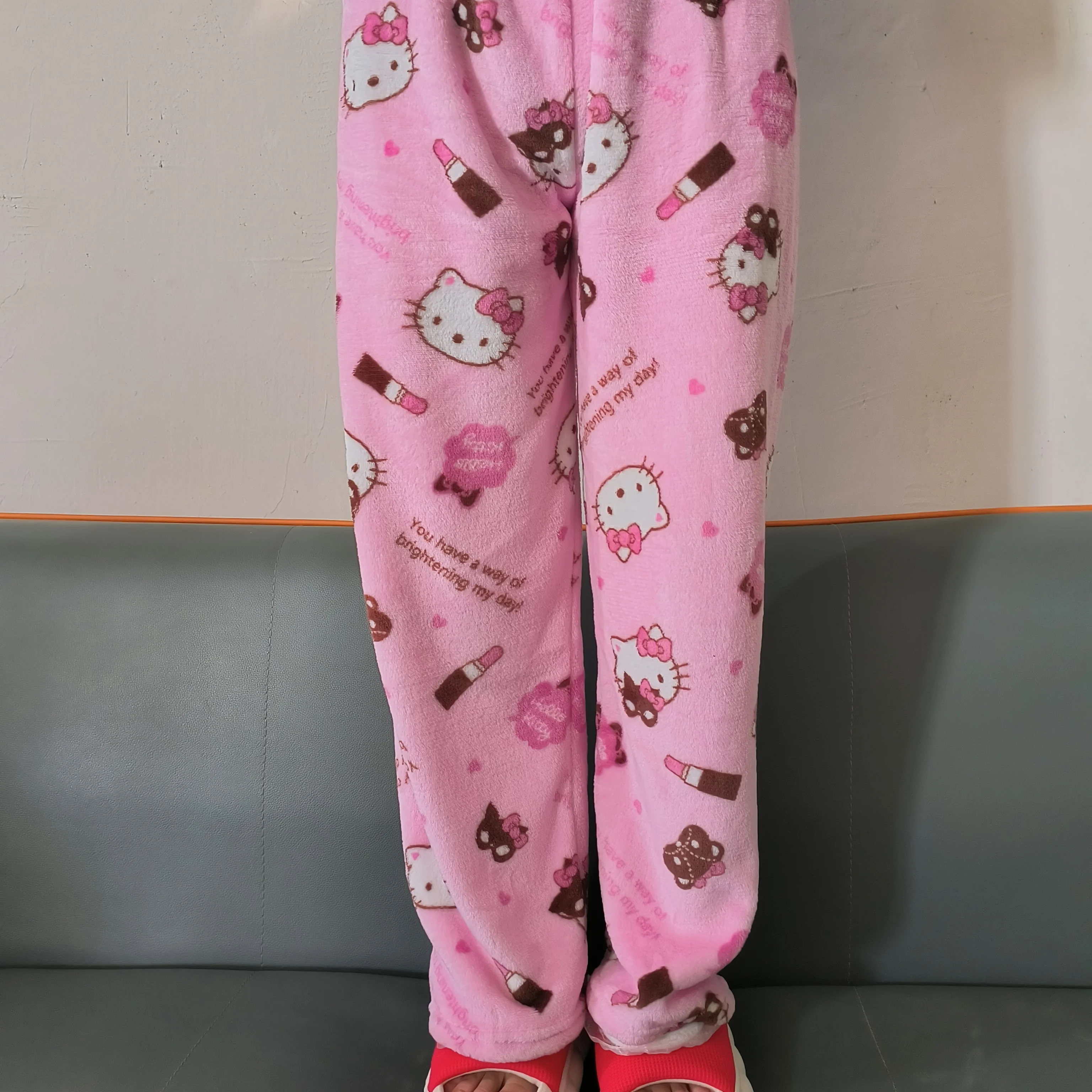 Sanrio Hello Kitty Fleece Coral Pajama Pants Women Casual Home Trousers Kawaii Anime Cartoon Birthday Gift