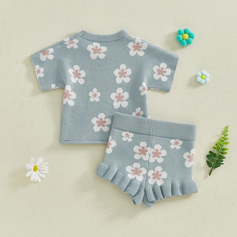 2024-11-29 Lioraitiin Spring Newborn Infant Toddler Baby Girl Clothes Set Short Sleeve Floral Print Knit Tops+Shorts 2Pcs Outfit 2