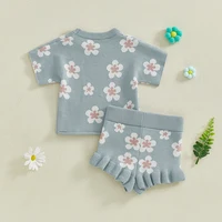 2024-11-29 Lioraitiin Spring Newborn Infant Toddler Baby Girl Clothes Set Short Sleeve Floral Print Knit Tops+Shorts 2Pcs Outfit 2