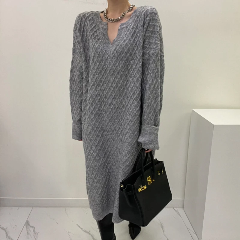 

Женское вязаное платье с длинным рукавом, винтажное свободное трикотажное платье с длинным рукавом и V-образным вырезом, большие размеры, Осень-зима 2023