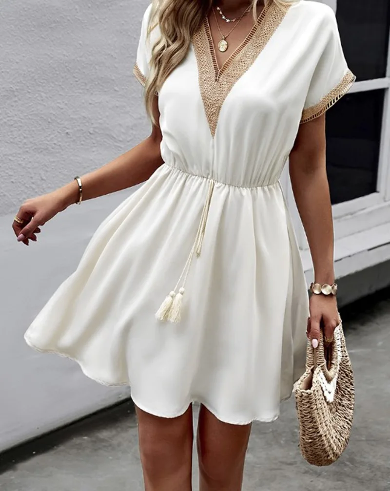 

Summer Boho Mini Dress Women Fashion Solid V Neck Loose Lace Up Beach Party Dresses Black White Vacation Elegant Female Vestidos