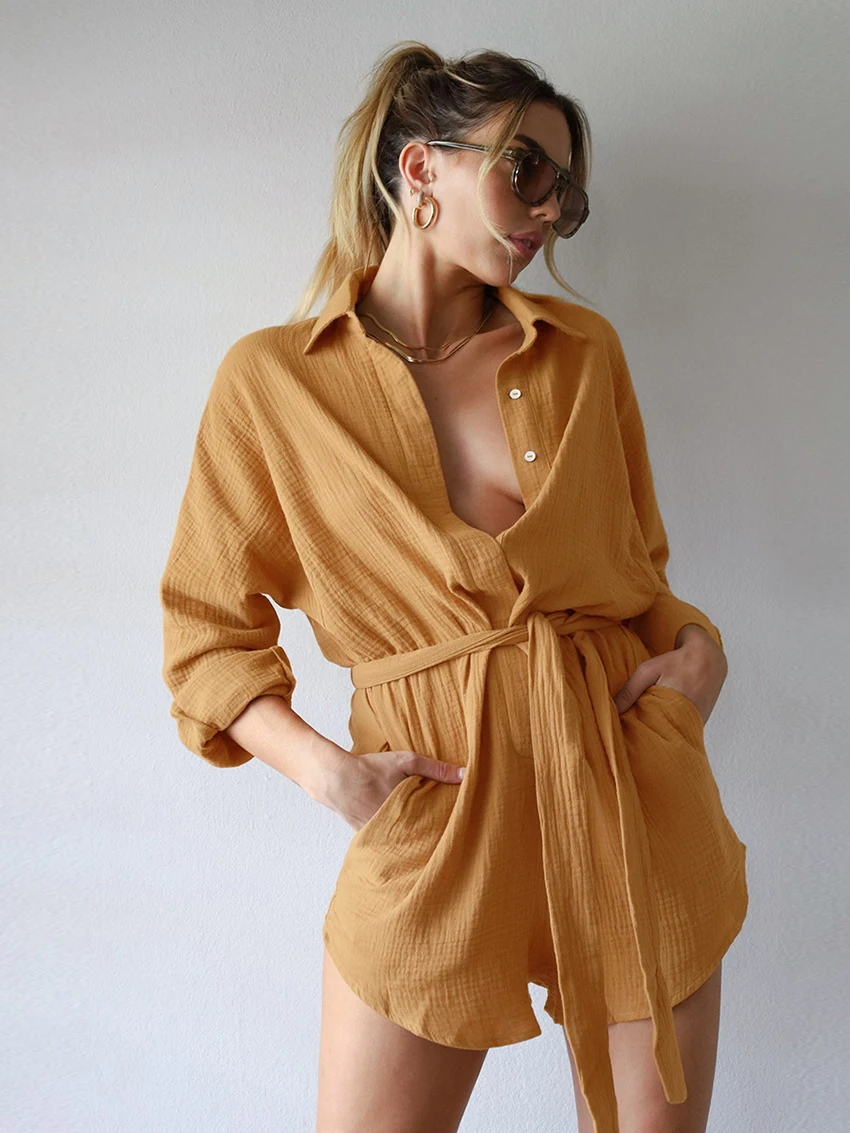 Marthaqiqi Loose Cotton Ladies Sleepwear Long Sleeve Pajamas Turn-Down Collar Nightgowns Lace Up Nightwear Casual Women Bodysuit